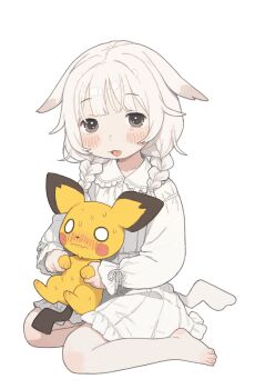  1girl absurdres animal_ears barefoot blush braid character_request check_character commentary_request copyright_request dress gen_1_pokemon gen_2_pokemon highres humanization nintendo peakychu pichu pikachu pokemon pokemon_(creature) possummachine simple_background sitting twin_braids white_background white_eyes white_hair 