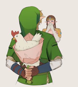  1boy 1girl absurdres bird blonde_hair blush brown_hair c4rr0tzzz chicken commentary cucco flower gift green_tunic highres link nintendo pointy_ears princess_zelda the_legend_of_zelda the_legend_of_zelda:_twilight_princess tunic untranslatable_commentary 