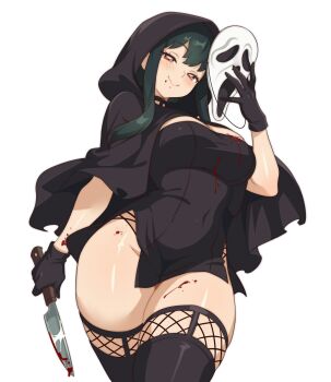 1girl absurdres black_cloak black_dress black_gloves black_hair black_thighhighs blood blood_on_clothes blood_on_face bloody_knife breasts cloak closed_mouth cosplay dress ghostface ghostface_(cosplay) glint gloves halloween_costume highres holding holding_knife holding_mask knife large_breasts looking_at_viewer mask microdress red_eyes scream_(movie) second-party_source sidelocks simple_background smile solo spy_x_family thighhighs transparent_background vizaz white_mask yor_briar 