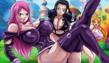 2025 3girls alternate_breast_size_(larger) angry bare_shoulders black_hair black_jacket boots breasts brown_eyes covered_erect_nipples cropped_jacket egghead_island greengiant2012 huge_breasts jacket jewelry_bonney jewelry_bonney_(egghead) leaning_forward leather leather_jacket long_hair looking_at_another looking_at_viewer multiple_girls nami_(one_piece) nami_(one_piece)_(egghead) nico_robin nico_robin_(egghead) official_alternate_costume one_piece open_mouth orange_hair pink_hair radio_antenna teeth thigh_boots thighs upper_teeth_only wavy_hair