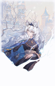  1girl absurdres animal_ears arknights bell black_dress blue_cloak braid bright_pupils building chinese_commentary cloak commentary_request dress grey_eyes hair_between_eyes highres hundun_hdun jewelry long_sleeves looking_to_the_side necklace outdoors parted_lips pramanix_(arknights) pramanix_the_prerita_(arknights) snow snow_leopard_ears snow_leopard_girl snowflakes snowing solo tree upper_body white_pupils 