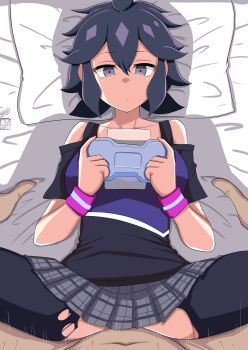  1boy 1girl absurdres black_pantyhose black_tank_top breasts condom condom_wrapper dragon_musume_ni_naritakunai! duel_masters emotionless_sex empty_eyes expressionless from_above grey_skirt hair_between_eyes handheld_game_console highres holding holding_handheld_game_console lying multitasking off-shoulder_shirt off_shoulder on_bed pantyhose plaid_clothes plaid_skirt purple_shirt sex shirt short_hair skirt tank_top teiozaka_mumu tokoha_(den-owingform) torn_clothes torn_pantyhose wristband 