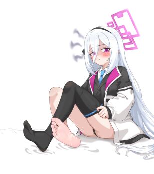  1girl absurdres barefoot black_thighhighs blue_archive blush feet hairband highres kei_(blue_archive) langui_moxia long_hair looking_at_viewer panties pantyshot pink_eyes single_thighhigh soles thighhighs toes underwear white_hair 