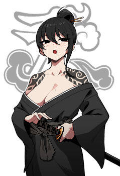  1girl bare_shoulders black_eyes black_hair black_kimono blush breasts cleavage cowboy_shot hair_between_eyes hair_bun hair_ornament hair_stick highres holding holding_sword holding_weapon japanese_clothes kimono large_breasts library_of_ruina looking_at_viewer medium_hair mole mole_on_breast off_shoulder open_mouth project_moon sayo_(library_of_ruina) shoulder_tattoo single_sidelock solo sword tattoo two-tone_background weapon wide_sleeves yaritoo  rating:Sensitive score:38 user:danbooru