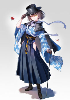  1girl absurdres arm_up autumn_leaves azur_lane baltimore_(ace's_travel_journal)_(azur_lane) baltimore_(azur_lane) black_boots black_cape black_gloves black_hat blue_kimono blue_skirt boots breasts brown_gloves brown_hair cane cape closed_mouth clothing_cutout commentary_request fedora full_body gloves hair_between_eyes hakama hakama_skirt hand_on_own_hat hat high-waist_skirt highres hip_vent holding holding_cane japanese_clothes kimono lace-up_boots large_breasts leaf long_skirt long_sleeves looking_at_viewer official_alternate_costume patterned_background patterned_clothing rubisco scarf shadow short_hair sidelocks skirt smile solo standing top_hat white_scarf wide_sleeves yagasuri yellow_eyes 