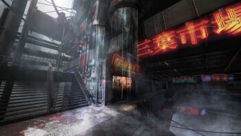  absurdres artist_request chinese_text cloud cloudy_sky highres pipe reflection sign sky smoke stairs water 