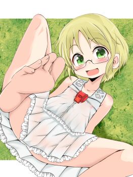  1girl :d bare_legs bare_shoulders barefoot blonde_hair blush breasts collarbone commentary_request feet glasses grass green_eyes highres leg_up legs loli looking_at_viewer lying made_in_abyss mitomori nipples no_bra no_panties on_back open_mouth outdoors pleated_skirt ress riko_(made_in_abyss) see-through_clothes see-through_shirt shirt short_hair skirt sleeveless sleeveless_shirt small_breasts smile soles solo toes variant_set whistle whistle_around_neck white_shirt white_skirt 