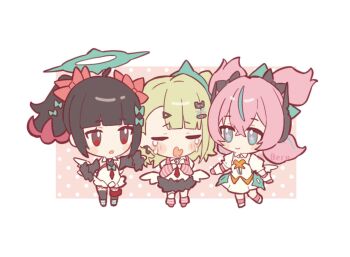  3girls angels_of_delusion aqua_hair aqua_streaks aria_(zenless_zone_zero) arm_warmers black_hair black_skirt blue_eyes blush bow chibi chibi_only closed_eyes closed_mouth colored_inner_hair commentary crossed_bangs crying dress earrings erua_(_8eru) fur-trimmed_skirt fur-trimmed_sleeves fur_trim green_bow green_hair green_halo hair_between_eyes hair_bow halo highres jewelry leg_warmers looking_at_another multicolored_hair multiple_girls multiple_hair_bows multiple_hair_clips musical_note_earrings nangong_yu necktie open_mouth pink_arm_warmers pink_background pink_bag pink_hair pink_leg_warmers red_bow red_eyes red_necktie shirt short_twintails skirt smile streaked_hair striped_arm_warmers striped_leg_warmers sunna_(zenless_zone_zero) twintails untranslatable_commentary white_background white_dress white_shirt white_wings winged_bag wings zenless_zone_zero 