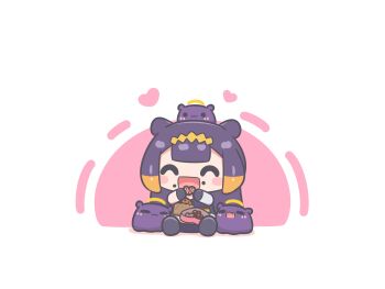  :3 =_= ^_^ absurdres blush_stickers chocolate closed_eyes cookie eating fang food halo heart highres hololive hololive_english long_hair mpien multicolored_hair ninomae_ina'nis ninomae_ina'nis_(1st_costume) open_mouth orange_hair purple_hair sitting smile takodachi_(ninomae_ina'nis) tentacle_hair virtual_youtuber 