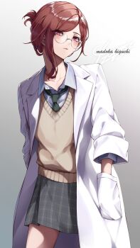  1girl absurdres alternate_costume asymmetrical_sidelocks bespectacled brown_hair brown_sweater_vest character_name collarbone commentary glasses gradient_background green_necktie grey_skirt hand_in_pocket highres higuchi_madoka idolmaster idolmaster_shiny_colors lab_coat looking_at_viewer loose_necktie mole mole_under_eye necktie open_collar plaid_clothes plaid_skirt red_eyes round_eyewear school_uniform shirt sidelocks signature simple_background skirt solo sweater_vest takagi_mitsukuni thighs white_shirt 