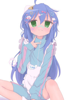  :3 absurdres ahoge apron blue_hair blush breasts chocolate_cornet closed_mouth food green_eyes hand_on_own_ankle highres izumi_konata jacket jersey kyoto_animation long_hair long_sleeves looking_at_viewer lucky_star maid maid_apron meshisushi name_tag nose_tape school_uniform simple_background sitting small_breasts too_many_hair_ornaments track_jacket track_suit v very_long_hair white_apron white_background zipper 