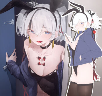 1girl alternate_costume animal_ear_hairband animal_ears bare_shoulders black_choker black_leotard black_thighhighs blue_eyes blue_jacket breasts camellya_(wuthering_waves) cellphone choker clothes_down collarbone commentary covered_navel doorway earrings fake_animal_ears gold_earrings hair_between_eyes hair_vines hairband hand_in_pocket highres holding holding_phone hood hood_down hooded_jacket jacket jewelry leotard light_blush lollipop_in_mouth looking_at_viewer medium_breasts multiple_views open_clothes open_jacket open_mouth phone playboy_bunny pov_doorway rabbit_ear_hairband rabbit_ears red_pupils short_hair smartphone smile strapless strapless_leotard tacet_mark_(wuthering_waves) thighhighs thighs white_hair wuthering_waves xaea_xp rating:Sensitive score:117 user:danbooru