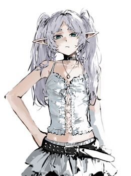  1girl :/ belt black_belt black_choker center_cross_lace choker commentary_request contemporary elf expressionless frieren green_eyes hand_on_own_hip highres jewelry layered_skirt long_pointy_ears looking_at_viewer messy_hair necklace parted_bangs pointy_ears raberu_ruru simple_background skirt solo sousou_no_frieren standing twintails upper_body white_background white_skirt 