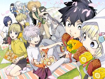  1girl aimoto_shou_(artist) akagi_kazuaki black_hair blonde_hair collared_shirt commentary commentary_request food food_on_face formal_clothes holding holding_food inugami_kohachi iwakiyamayukisatoshironanogojuurokushi_akira iwakiyamayukisatoshironanogojuurokushi_yui kemono_jihen kon_(kemono_jihen) kusaka_kabane long_sleeves medium_hair mihai_florescu multiple_boys necktie nowaki_homuramaru petals picnic shirt shish_kebab short_hair sitting tademaru_shiki thick_eyebrows umbrella 