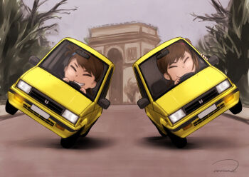  2girls artist_name brown_hair car chibi closed_eyes day driving futami_ami futami_mami grin idolmaster idolmaster_(classic) kayatsu_urotoma motor_vehicle multiple_girls outdoors short_hair siblings side-by-side side_ponytail sisters smile twins yellow_car 