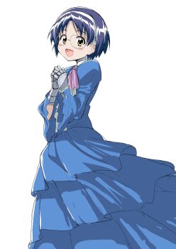  1girl absurdres aiko_(magipoka) android ascot blue_dress blue_hair blush brown_eyes commentary_request dress glasses hairband highres joints long_sleeves looking_at_viewer oge_(ogeogeoge) open_mouth pink_ascot renkin_san-kyuu_magical_pokaan robot_joints short_hair simple_background solo white_background white_hairband wide_sleeves 