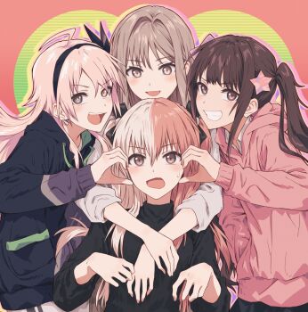  4girls :d ahoge arms_around_neck black_eyes black_hairband black_jacket black_ribbon blonde_hair border brown_eyes brown_hair collared_shirt commentary d4dj drop_shadow earrings grey_eyes grin hair_between_eyes hair_ornament hair_over_shoulder hair_ribbon hairband hand_in_pocket hand_on_another's_cheek hand_on_another's_face heart heart_hands heart_hands_duo heterochromia highres hood hooded_jacket hoodie ichihoshi_lumina jacket jewelry kaibara_michiru long_hair long_sleeves looking_at_another looking_at_viewer looking_down looking_to_the_side looking_up multicolored_hair multiple_girls open_mouth orange_border orange_hair pink_hoodie raised_eyebrow revision ribbon shinomiya_kokoa shirt sidelocks smile split-color_hair star_(symbol) star_hair_ornament sweatdrop swept_bangs teeth tendo_hayate two-tone_hair two_side_up unichord upper_teeth_only v-shaped_eyebrows white_hair white_shirt yellow_eyes yukitake_(bullfalk) 