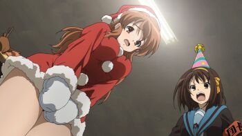  10s 2girls asahina_mikuru blush christmas dress highres legs long_hair miniskirt multiple_girls open_mouth screencap short_dress short_hair skirt suzumiya_haruhi suzumiya_haruhi_no_shoushitsu suzumiya_haruhi_no_yuuutsu thighs  rating:Questionable score:18 user:Kyuubi840