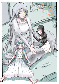  3girls absurdres barefoot black_capelet black_hood blush border capelet closed_mouth commentary_request company_connection dark_souls_(series) dark_souls_i doll doll_joints dragon_girl elden_ring elden_ring_nightreign fromsoftware green_eyes grey_hair highres joints long_hair miya_zirou multiple_girls one_eye_closed outside_border priscilla_the_crossbreed red_eyes revenant_(elden_ring) slit_pupils smile tail undertaker_(elden_ring) very_long_hair white_border 