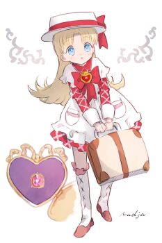  1girl ashita_no_nadja blonde_hair blue_eyes blunt_bangs blush boots bow bowtie commentary dress full_body hano_luno hat highres holding holding_suitcase long_sleeves nadja_applefield parted_bangs red_bow red_bowtie solo suitcase symbol-only_commentary white_background 