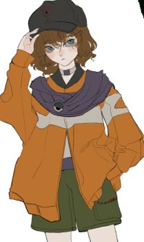  1other adapted_costume baseball_cap black_hat blue_eyes brown_hair casual cine_hamal closed_mouth cowboy_shot expressionless eye_brooch eye_of_senri eyelashes flat_color green_shorts hair_between_eyes hand_in_pocket hand_on_headwear hat hatsburg highres jacket kuzu_suzumi len'en light_blush light_frown long_sleeves looking_at_viewer nostrils open_clothes open_jacket orange_jacket pocket puffy_long_sleeves puffy_sleeves purple_scarf realistic ribbon-trimmed_shorts ribbon_trim scarf shirt short_hair shorts simple_background single_stripe solo standing striped_clothes striped_jacket wavy_hair white_background white_shirt 