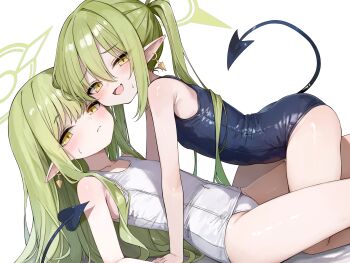  2girls absurdres blue_archive blue_one-piece_swimsuit demon_tail flat_chest green_hair green_halo halo highres hikari_(blue_archive) loli long_hair looking_at_viewer multiple_girls nozomi_(blue_archive) old_school_swimsuit one-piece_swimsuit paid_reward_available pointy_ears school_swimsuit siblings simple_background sisters swimsuit tail tateishi_kureha twins white_background white_one-piece_swimsuit yellow_eyes 