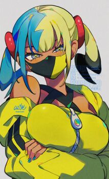  1girl aqua_hair bandeau black_mask blonde_hair blue_eyes blush breasts canari_(pokemon) commentary_request criss-cross_straps crossed_arms dark-skinned_female dark_skin highres jacket kawasaki_(kwsk_8765) large_breasts long_sleeves looking_at_viewer mask mega_stone mouth_mask multicolored_hair multicolored_nails nintendo pokemon pokemon_legends:_z-a short_twintails simple_background single_bare_shoulder solo split-color_hair sports_bra twintails two-tone_hair two-tone_mask upper_body yellow_bandeau yellow_jacket yellow_mask yellow_sports_bra 