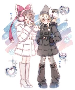  2girls alternate_costume alternate_headwear beanie belt black_belt black_coat black_leg_warmers black_shoes blonde_hair boots bow brown_hair closed_mouth coat commentary_request contemporary cup disposable_coffee_cup disposable_cup earmuffs frilled_bow frills full_body fur-trimmed_sleeves fur_trim grey_hat grey_pantyhose hair_bow hakurei_reimu hands_in_pockets hat hat_bow heart high_heel_boots high_heels highres holding holding_cup kirisame_marisa knee_boots kurumi407 leg_warmers long_hair long_sleeves mini-hakkero multiple_girls open_mouth pantyhose red_bow shoes torn_clothes torn_pantyhose touhou white_belt white_boots white_bow white_coat yellow_eyes 