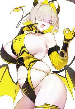  1girl absurdres alternate_costume black_wings blonde_hair breasts colored_inner_hair commentary condom condom_wrapper curvy demon_girl demon_horns demon_tail demon_wings elbow_gloves elegg_(nikke) fellatio_gesture gloves goddess_of_victory:_nikke hair_intakes hair_over_eyes highleg highleg_one-piece_swimsuit highres horns houh888 large_breasts long_bangs looking_at_viewer low_wings multicolored_gloves multicolored_hair multicolored_one-piece_swimsuit multicolored_swimsuit navel one-piece_swimsuit open_mouth plump saliva shiny_skin simple_background solo stretch_marks swimsuit tail tattoo thigh_strap thighs tongue tongue_out tongue_tattoo two-sided_gloves two-tone_hair very_long_tail white_background wide_hips wings yellow_gloves yellow_wings 