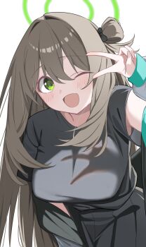  1girl ;d absurdres black_bow black_shirt black_skirt blue_archive blush bow breasts brown_hair commentary_request green_eyes green_halo hair_bow hair_bun halo highres impossible_clothes impossible_shirt jacket jacket_partially_removed large_breasts long_hair looking_at_viewer mizumok1 nonomi_(blue_archive) one_eye_closed open_mouth shirt simple_background single_side_bun skirt smile solo v v_over_eye white_background 