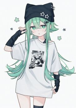  1girl :d absurdres animal_hat arm_up artist_name bag black_arm_warmers black_hat cat_hat company_name cowboy_shot green_eyes hair_between_eyes hair_flaps hat hat_ornament highres long_hair looking_at_viewer merchandise_available namin_(anjpzaobmhbppxs) nanase_(namin) open_mouth original print_shirt shirt sidelocks simple_background smile solo sparkle_hair_ornament star-shaped_pupils star_(symbol) star_hat_ornament symbol-shaped_pupils t-shirt thigh_strap white_background white_shirt 