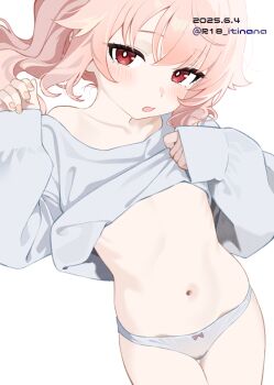 1girl blue_archive blush bow bow_panties bright_pupils clothes_lift cowboy_shot dated grey_panties grey_shirt highres itinana lifting_own_clothes loli long_hair looking_at_viewer natsu_(blue_archive) navel no_pants open_mouth panties pink_hair red_eyes revision shirt shirt_lift simple_background sleeves_past_wrists solo stomach thigh_gap twitter_username underwear white_background white_pupils rating:Questionable score:73 user:danbooru
