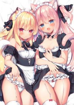  2girls animal_ear_fluff animal_ears apron black_dress black_ribbon blonde_hair blue_eyes blush boku_no_risou_no_isekai_seikatsu bow bow_panties breasts cat_ears cat_girl cat_tail chise_(ichiri) clothes_lift clothes_pull commentary_request crotch_seam dress dress_lift dress_pull dress_tug fox_ears fox_girl fox_tail frilled_panties frills garter_straps lifting_own_clothes long_hair lying maid maid_headdress misia_(ichiri) multiple_girls official_art on_back open_mouth panties pink_hair pulling_own_clothes red_eyes ribbon sazaki_ichiri second-party_source small_breasts smile tail thighhighs thighs twintails two_side_up underwear waist_apron white_apron white_panties white_thighhighs 