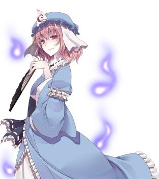  1girl armband blue_hat blue_kimono blue_sash commentary_request cowboy_shot crote folding_fan frilled_kimono frills from_side ghost hand_fan hand_up hat highres holding holding_fan japanese_clothes kimono large_variant_set long_sleeves looking_at_viewer mob_cap obi parted_lips pink_eyes pink_hair saigyouji_yuyuko sash short_hair smile solo standing touhou transparent_background triangular_headpiece turning_head variant_set wide_sleeves 