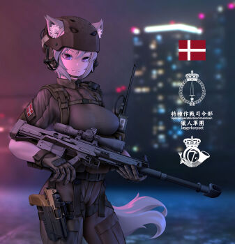 1girl animal_ear_fluff animal_ears anti-materiel_rifle borrowed_character breasts building bullpup cat_ears cat_tail city danish_flag earmuffs fang_zhenjun flag fn_herstal fnp-45 fnx-45 fnx-45_tactical gepard_gm6_lynx gloves grey_hair gun handgun headset helmet holding holding_gun holding_weapon holster looking_at_viewer medium_breasts military military_uniform night original pistol purple_eyes rifle semi-automatic_rifle sero_international_kft short_hair skyscraper slit_pupils sniper_rifle tail variant_set walkie-talkie weapon white_hair witness_holes