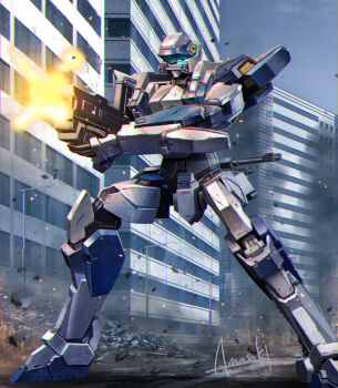  amasaki_yusuke arm_slave_(mecha) arx-7_arbalest building city firing full_metal_panic! glowing glowing_eye gun holding holding_gun holding_weapon lamppost mecha mecha_focus no_humans outdoors robot science_fiction signature weapon 