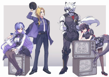  2boys 2girls absurdres ahoge animal_ears ascot bicep_strap black_gloves black_hair black_nails black_shoes blonde_hair body_fur border bow bowtie breasts bug butterfly closed_mouth colored_inner_hair commentary_request drill_hair drill_sidelocks ellen_joe fingerless_gloves fins fish_tail furry furry_male gem gloves grey_background hair_between_eyes hair_ornament hairband hat heterochromia highres holding holding_unworn_clothes holding_unworn_hat hugo_vlad insect jacket jewelry large_tail leaning_forward long_hair long_sleeves maid maid_headdress metal_hairband mole mole_on_arm mole_under_eye multicolored_hair multiple_boys multiple_girls necktie one_eye_closed pants pantyhose pointy_ears prosthesis prosthetic_leg purple_ascot purple_bow purple_bowtie purple_butterfly purple_gem purple_hair purple_shirt razor_blade_hair_ornament red_eyes red_hair scar scar_on_tail shark_girl shark_tail shirt shoes short_hair shrug_(clothing) sideboob_cutout sidelocks sitting smile spiked_headband streaked_hair tail television tobanjan_janjan two-tone_hair unworn_hat unworn_headwear vivian_banshee von_lycaon white_border white_fur white_hair white_shrug wolf_boy wolf_ears wolf_tail zenless_zone_zero 