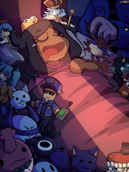  1boy 1girl :d antenna_hair artist_self-insert bare_arms black_hair black_necktie blue_shirt boyfriend_(friday_night_funkin&#039;) caine_(the_amazing_digital_circus) cat_(nyanko_daisensou) character_doll character_request closed_eyes commander_(tower_defense_simulator) commentary copyright_request cowboy_shot crack_of_light cruel_king_(block_tales) dark-skinned_female dark_skin doll drooling english_commentary fewer_digits film_grain five_nights_at_freddy&#039;s freddy_fazbear friday_night_funkin&#039; hand_up hatsune_miku highres long_sleeves lying medium_hair mouth_drool necktie nyanko_daisensou on_back open_mouth original phighting! pink_shirt pocket pressure_(roblox) roblox sebastian_solace shirt short_sleeves sleeping smile solo_focus sts_piaesaya the_amazing_digital_circus tongue tower_defense_simulator u_u under_covers vocaloid 