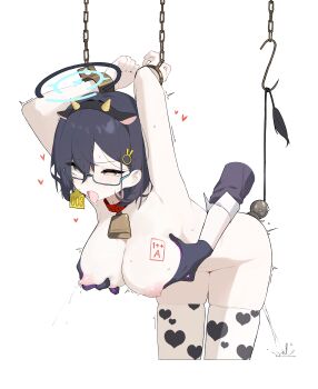  1girl absurdres ahegao anal_beads animal_collar animal_ears animal_print aqua-framed_eyewear armpits arms_up bdsm bell bent_over blue_archive blue_halo blush bondage bound bound_wrists breast_milk breast_press breasts breasts_out breasts_squeezed_together chain chained chained_cuffs chained_wrists chihiro_(blue_archive) collar cow_ears cow_girl cow_horns cow_print cow_print_thighhighs cowbell deep_skin disembodied_hand fake_horns female_ejaculation female_focus glasses grabbing_another's_breast grabbing_from_behind groping hair_ornament halo heart heart_print highres horns lactation large_breasts mona_kkkk neck_bell nipples nude open_mouth pet_play print_thighhighs pussy_juice rabbit_hair_ornament restrained rolling_eyes saliva score semi-rimless_eyewear sex_toy simple_background skindentation slave squirting standing thick_thighs thighhighs thighs tongue tongue_out torogao under-rim_eyewear white_background white_thighhighs wrist_cuffs 