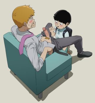  2boys age_difference black_hair blush covering_own_mouth highres kageyama_shigeo long_sleeves male_focus mob_psycho_100 multiple_boys necktie open_mouth orange_hair pants penis penis_out precum precum_string pubic_hair puffyphantom reigen_arataka shirt shoes short_hair shota simple_background sitting yaoi  rating:Explicit score:120 user:daddyyaoi