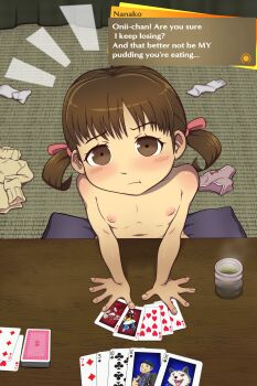  1girl absurdres arm_support brown_eyes brown_hair card character_name cushion dialogue_box doujima_nanako english_text female_focus flat_chest hair_tie highres indoors koromaru_(persona) loli looking_at_viewer morgana_(persona_5) nipples nude panther_(persona_5) panties persona persona_3 persona_4 persona_5 playing_card poethewondercat short_twintails sitting solo strip_game strip_poker table takamaki_anne tatami twintails underwear unworn_clothes unworn_panties yellow_eyes  rating:Explicit score:488 user:jameskb1