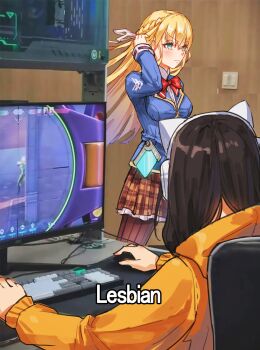  2girls asakura_karen_(heaven_burns_red) black_hair blonde_hair blue_jacket bow braid commentary green_eyes half_up_braid heaven_burns_red highres hood hooded_jacket jacket long_hair long_sleeves meme multiple_girls pantyhose photo_background playing_games red_bow ribbon sail_678 symbol-only_commentary toujou_tsukasa white_ribbon yuri 