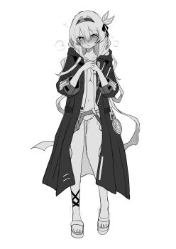  1girl belly black_coat black_hairband black_ribbon blush breasts cleavage coat commentary_request firefly_(honkai:_star_rail) hair_ornament hair_ribbon hairband heart heavy_breathing highres honkai:_star_rail honkai_(series) kinoko_7718 large_breasts monochrome navel open_clothes open_coat open_mouth ribbon sandals simple_background solo suggestive_fluid sweatdrop wet white_background 