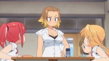  2025 20s 4girls animated animated_gif anime_screenshot bare_arms bare_shoulders black_bra blonde_hair blue_skirt blush bra bra_peek breasts brown_bag brown_eyes brown_hair classroom cleavage collarbone collared_shirt earrings gradient_hair green_eyes hand_up holding jewelry kasamaru_aoi large_breasts long_hair multicolored_hair multiple_girls open_mouth parted_bangs partially_unbuttoned ponytail red_hair ruri_no_houseki school_uniform seto_shouko shirt short_hair short_sleeves skirt sleeveless sleeveless_shirt summer_uniform tagme tanigawa_ruri underwear white_shirt  rating:Sensitive score:25 user:Jellende2065