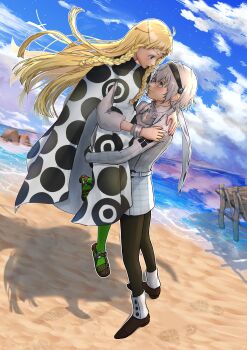  1boy 1girl absurdres beach black_hairband black_pants blonde_hair blue_eyes blue_sky braid carrying carrying_person closed_mouth cloud commentary_request commission dark-skinned_female dark-skinned_male dark_skin day eupha_(metaphor:_refantazio) eva02asuka0608 floating_hair green_pantyhose grey_hair hairband highres jacket long_hair long_sleeves looking_at_another metaphor:_refantazio ocean open_mouth outdoors pants pantyhose pixiv_commission poncho protagonist_(metaphor:_refantazio) purple_eyes shadow short_hair sky smile spoilers third_eye twin_braids water white_jacket 