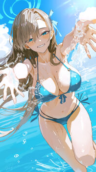  1girl absurdres asuna_(blue_archive) bare_arms bikini blue_archive blue_bikini blue_eyes blue_halo blue_ribbon blue_sky blush breasts brown_hair cleavage cloud cloudy_sky commentary_request day dutch_angle floating_hair front-tie_bikini_top front-tie_top hair_ribbon halo highres large_breasts long_hair looking_at_viewer mole mole_on_breast nanjo_maya o-ring o-ring_bikini o-ring_top ocean outdoors outstretched_arms ribbon side-tie_bikini_bottom sky smile solo splashing standing standing_on_one_leg swimsuit thighs v-neck very_long_hair wading water wet  rating:Sensitive score:20 user:danbooru