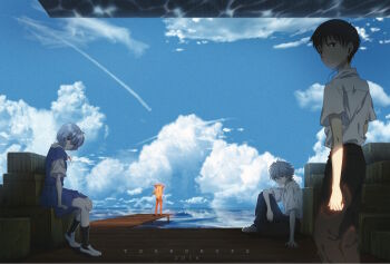  2018 2boys 2girls arm_rest arms_behind_head arms_up artist_name ayanami_rei black_eyes black_hair black_pants black_socks blue_dress blue_hair cloud collared_shirt commentary_request crate day dress earphones film_grain from_behind from_side grey_hair highres ikari_shinji leg_up long_hair looking_at_viewer mecha_pilot_suit multiple_boys multiple_girls nagisa_kaworu neck_ribbon neon_genesis_evangelion ocean orange_hair pants parted_lips plugsuit_(evangelion) red_eyes red_ribbon ribbon shirt shirt_tucked_in shoes short_hair short_sleeves sidelocks sky smile socks souryuu_asuka_langley stomach teardrops_(user_vgvd7733) turning_head water white_shirt white_shoes wide_shot wooden_floor 