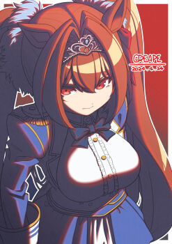  1girl animal_ears blue_jacket bow breasts brown_hair center_frills closed_mouth commentary_request creape daiwa_scarlet_(peak_blue)_(umamusume) daiwa_scarlet_(umamusume) epaulettes frills hair_between_eyes hair_intakes highres horse_ears horse_girl jacket large_breasts layered_skirt long_hair long_sleeves looking_at_viewer red_eyes shirt skirt solo tiara twintails umamusume very_long_hair white_shirt 