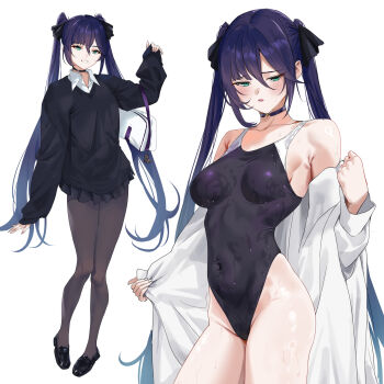  1girl alternate_costume bag black_choker black_one-piece_swimsuit black_pantyhose black_shoes black_skirt black_sweater blue_hair casual choker commentary covered_navel genshin_impact green_eyes handbag highres holding holding_bag jacket long_hair long_sleeves mona_(genshin_impact) multiple_views one-piece_swimsuit open_mouth pantyhose pleated_skirt ryudraw shoes simple_background skirt sweater swimsuit undressing wet white_background white_jacket 