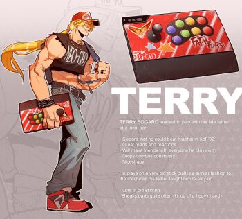 1boy abs alternate_costume arcade_stick backpack bag baseball_cap belt blonde_hair box box_of_chocolates bracelet character_name character_profile commentary controller crop_top denim english_commentary english_text fatal_fury game_controller hair_over_eyes hat highres jeans jewelry joystick long_hair male_focus midriff muscular muscular_male necklace pants ponytail renatoramos_ink shirt shoes smile sneakers solo terry_bogard zoom_layer 